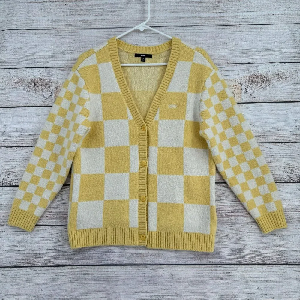Vans Yellow & White Checkerboard Cardigan Sweater - Picture 1 of 14